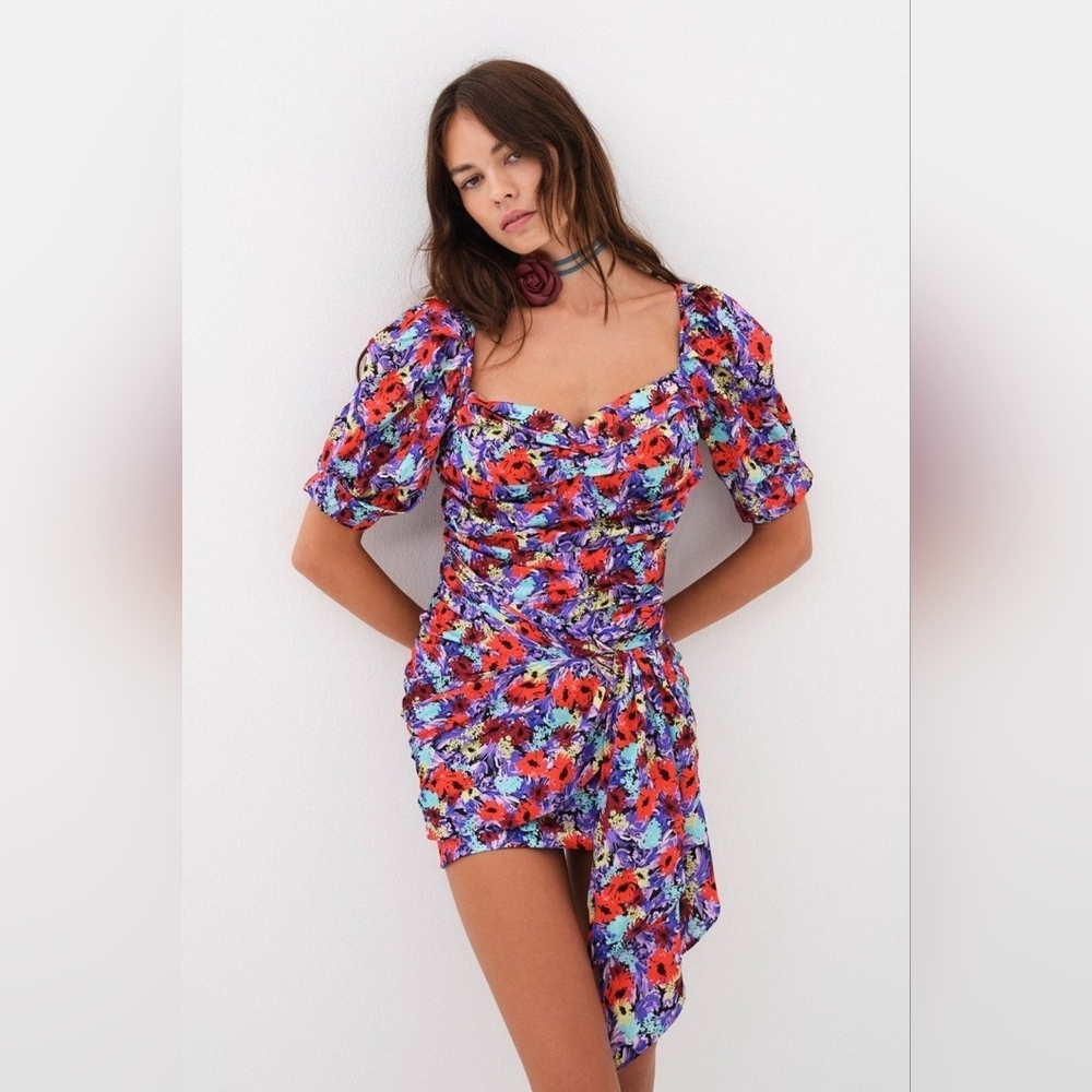 For Love And Lemons Red Purple Floral Satin Chiara Puff Sleeve Mini Dress LG